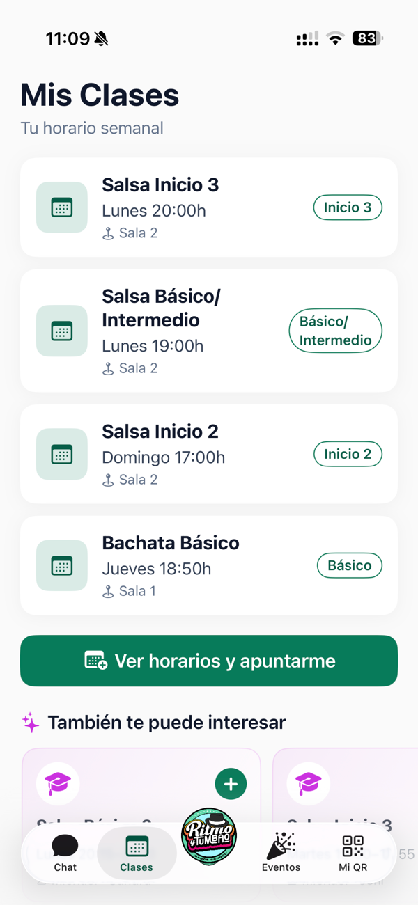 App Ritmo y Tumbao — pantalla Mis Clases